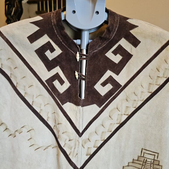 Mexican Vintage Suede Leather Fringe Poncho Pyrography Native Aztec Cape Costume - Picture 4 of 11